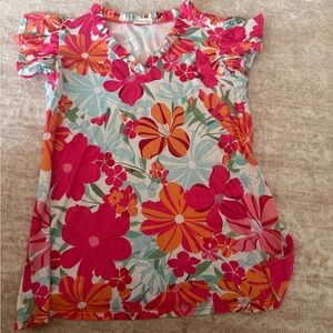 Floral V-Neck Top with Ruffled Sleeves